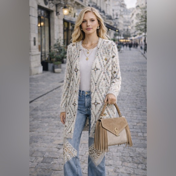 81. COST 🛑 OVERSIZED multicolor Cream Maxi Duster Sweater Cardigan Aztec boho - Picture 2 of 2